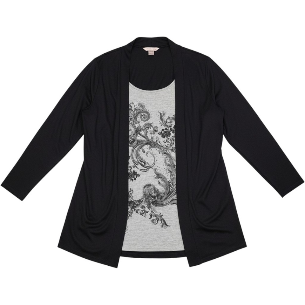 White Stag Cardigan Tank Set Womens L 12-14 Black Grey Excellent Layered Floral